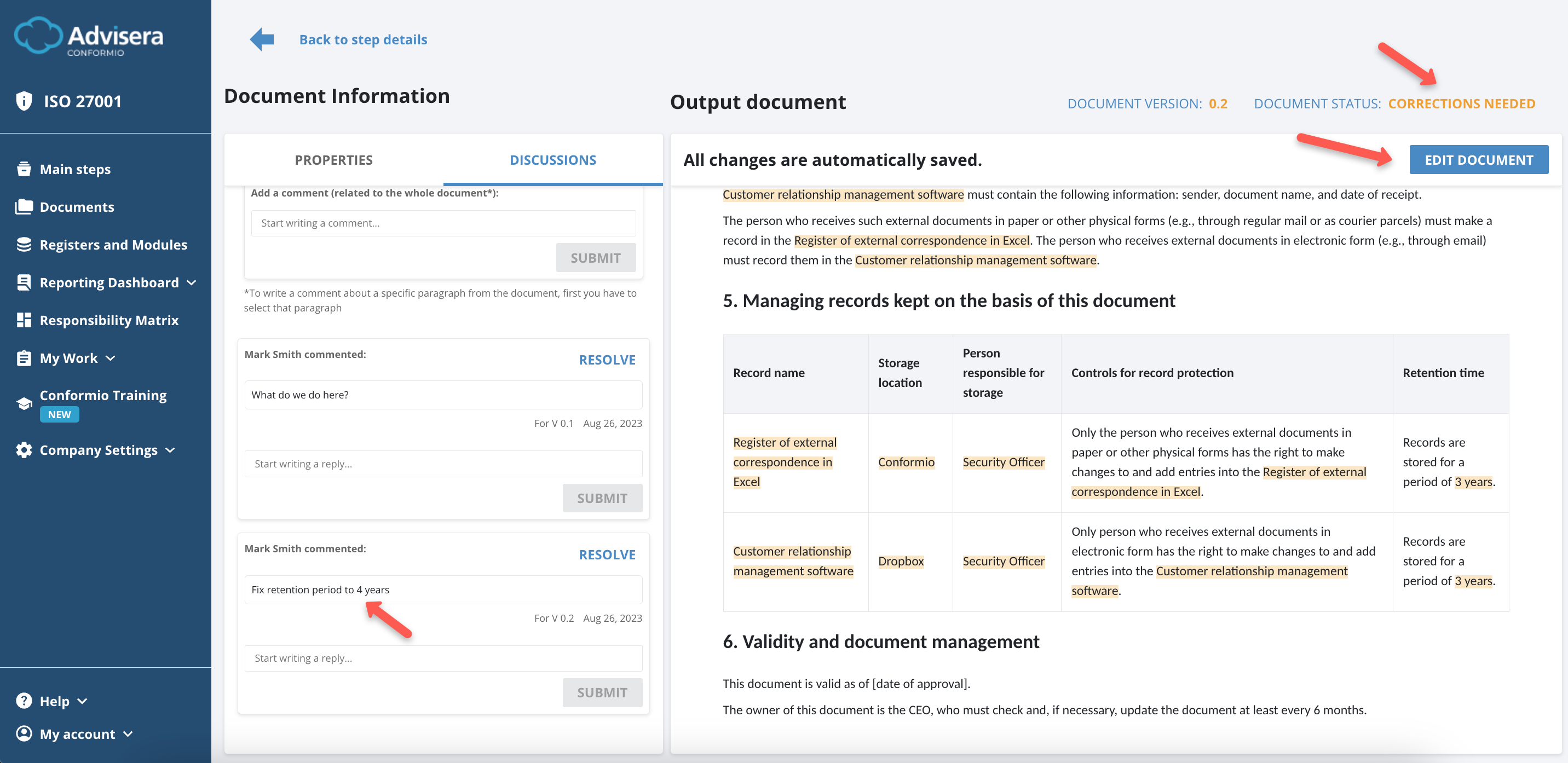 Working with Documents in Conformio - Advisera Help Center