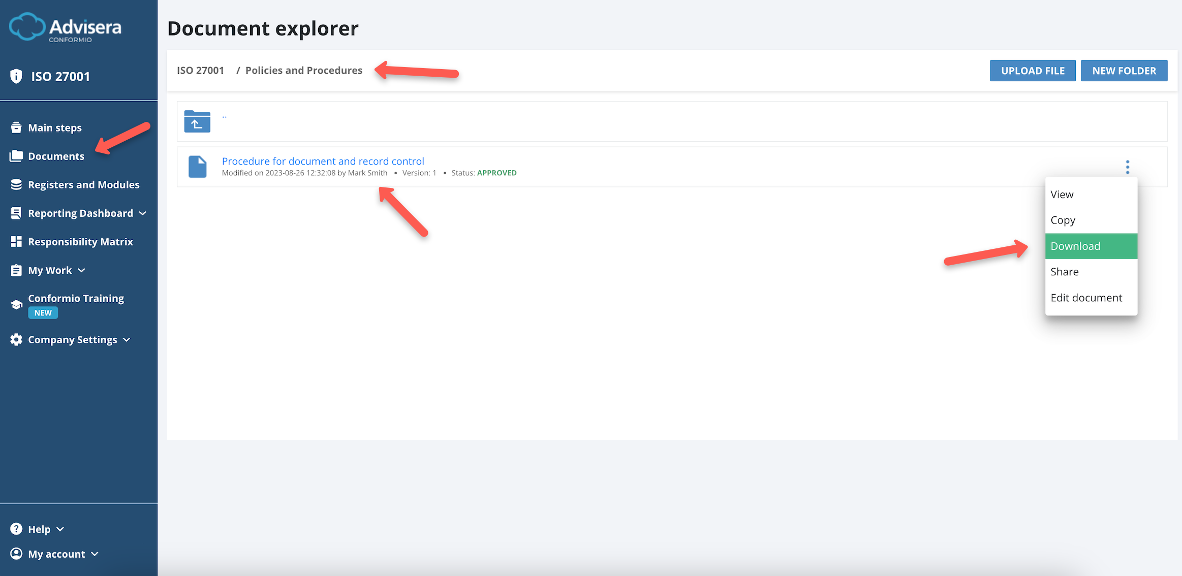 Working with Documents in Conformio - Advisera Help Center