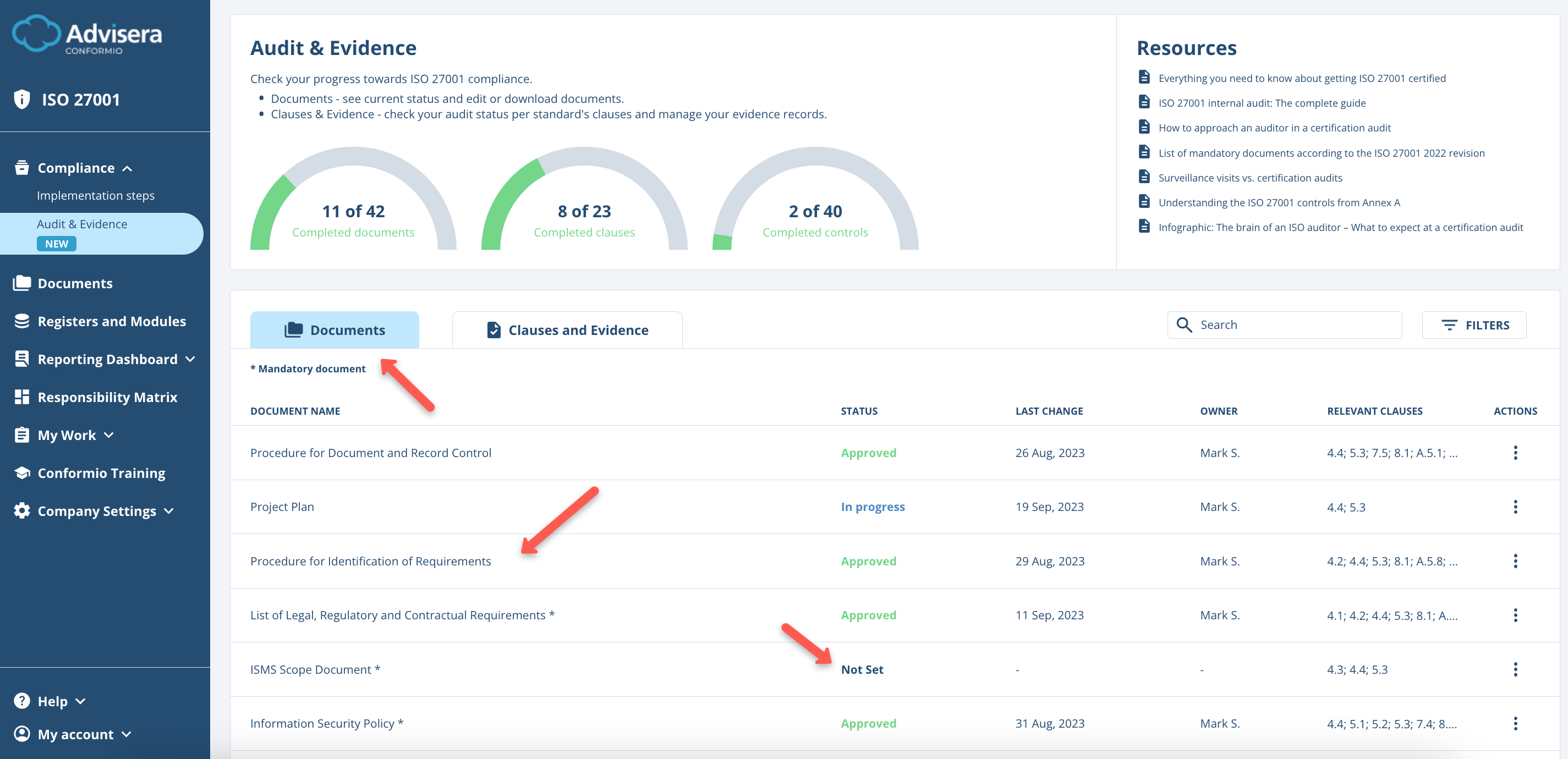 Audit and Evidence - Advisera Help Center