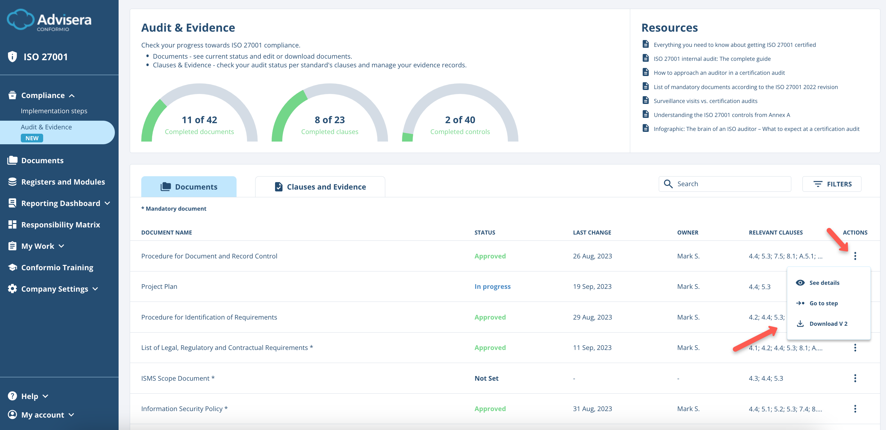 Audit and Evidence - Advisera Help Center