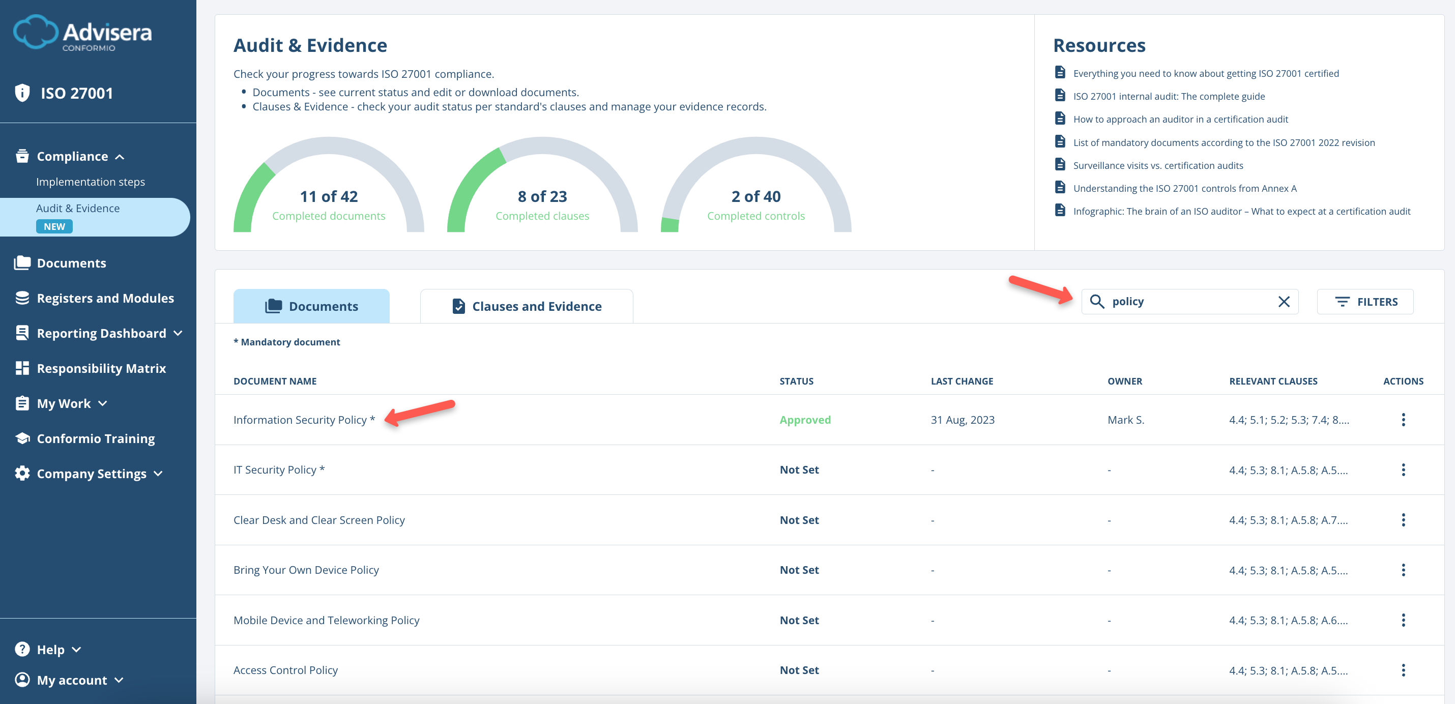 Audit and Evidence - Advisera Help Center