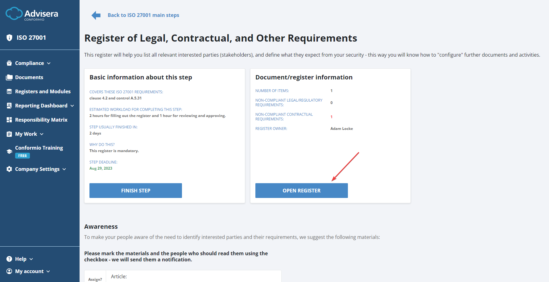 Register of Requirements Register of Requirements - Advisera Help Center