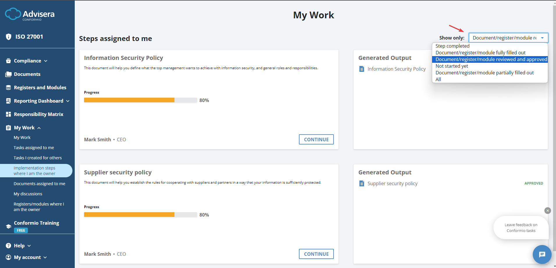 Responsibility Matrix & My Work - Advisera Help Center
