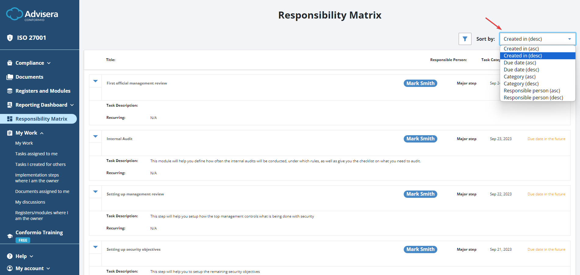 Responsibility Matrix & My Work - Advisera Help Center
