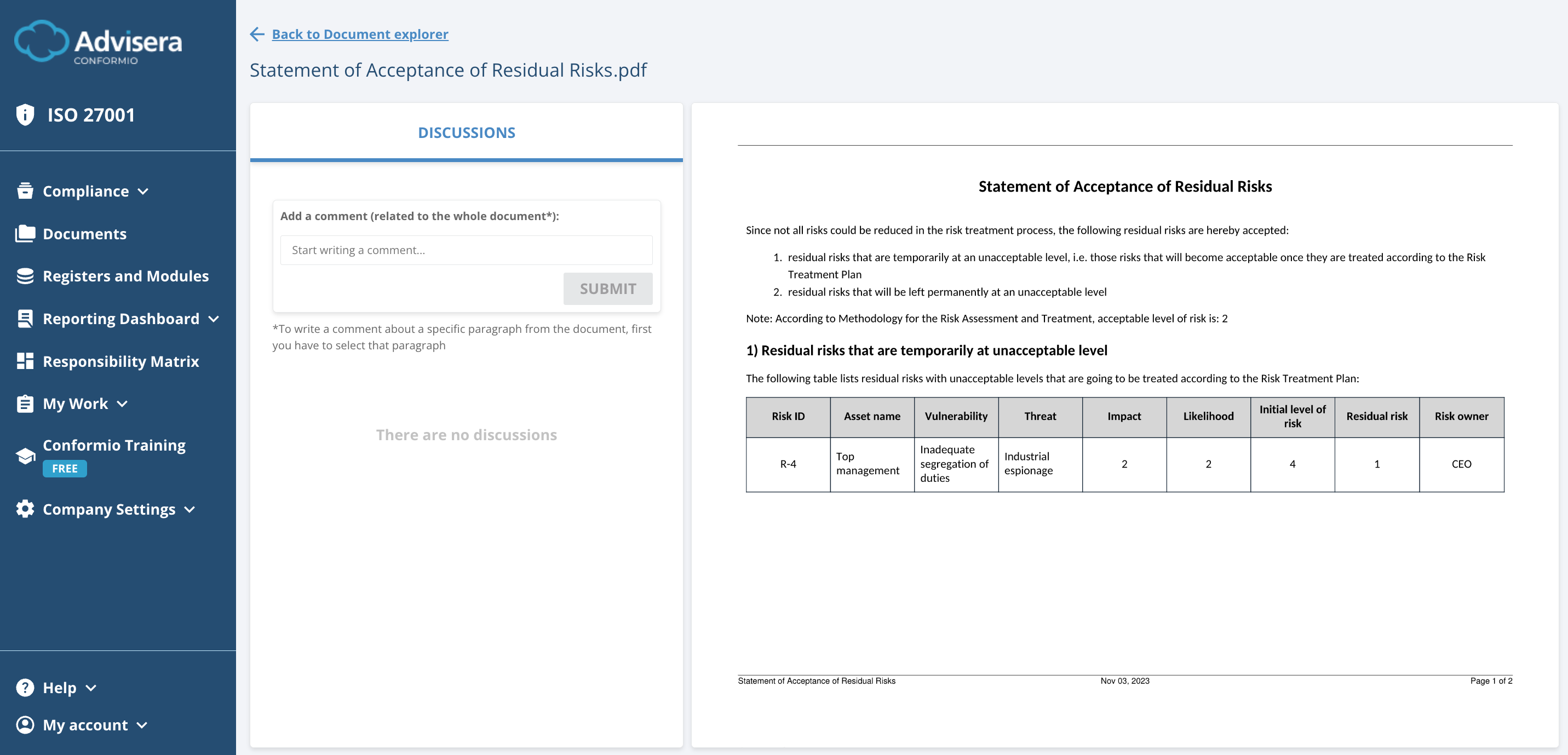 List of ISO 27001 documents in Conformio - Advisera Help Center