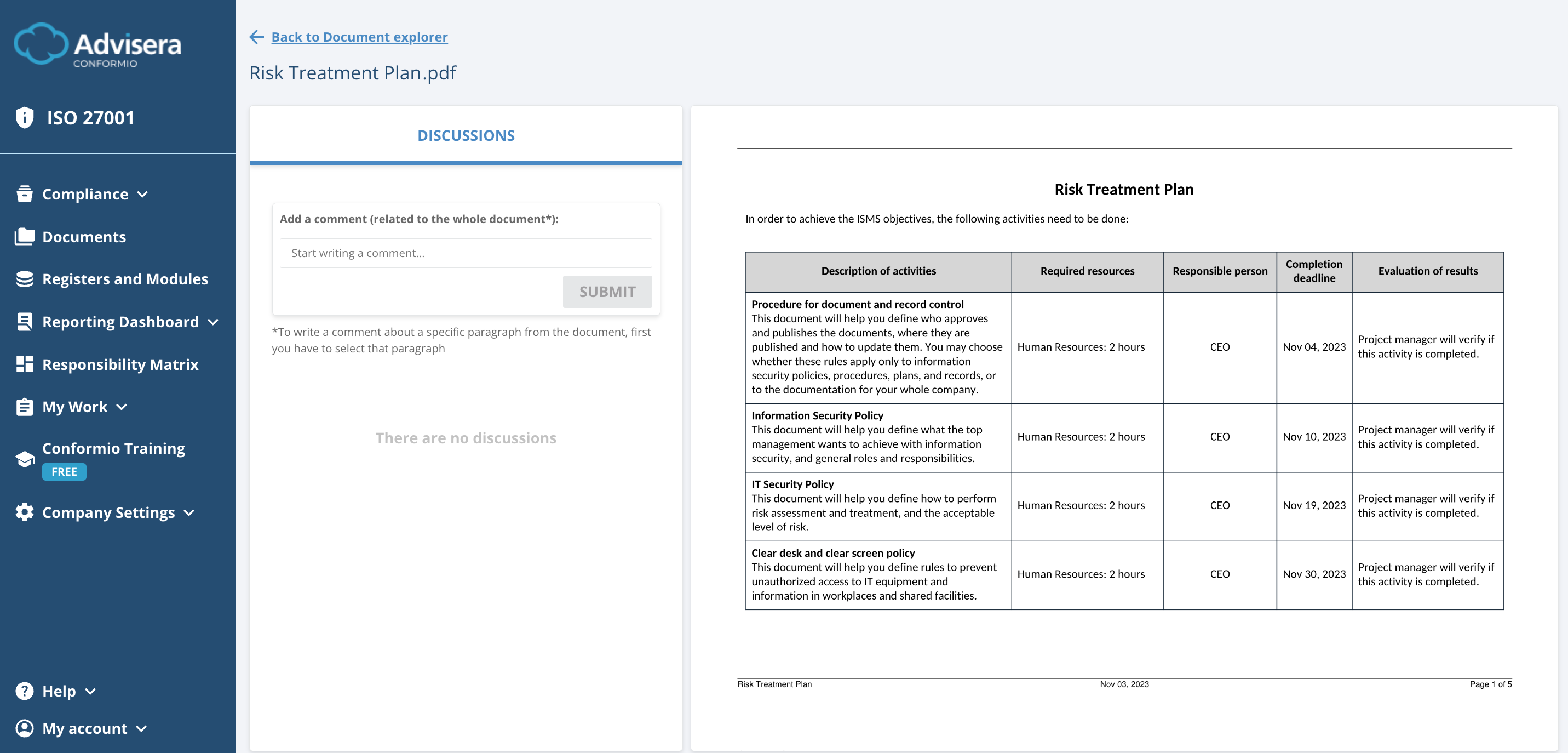 List of ISO 27001 documents in Conformio - Advisera Help Center