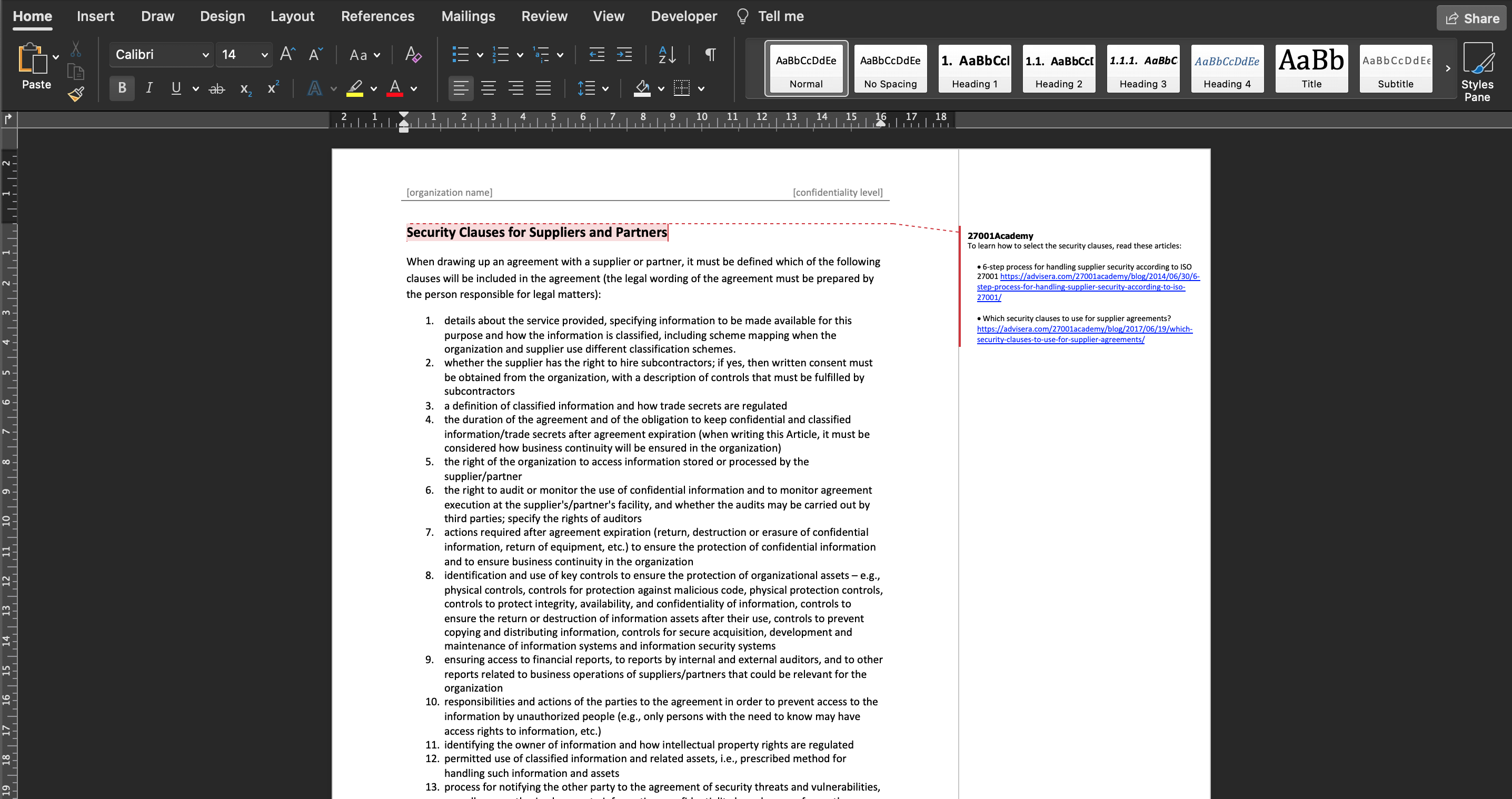 List of ISO 27001 documents in Conformio - Advisera Help Center