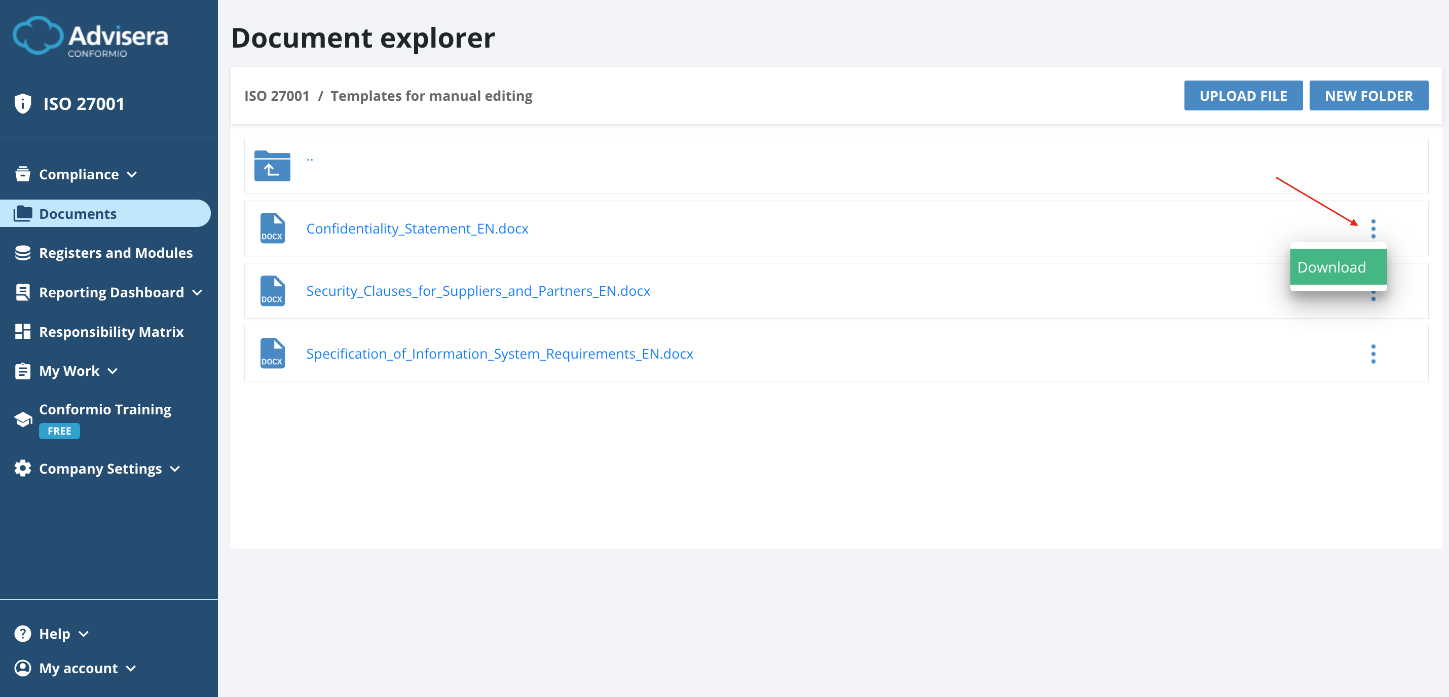 List of ISO 27001 documents in Conformio - Advisera Help Center