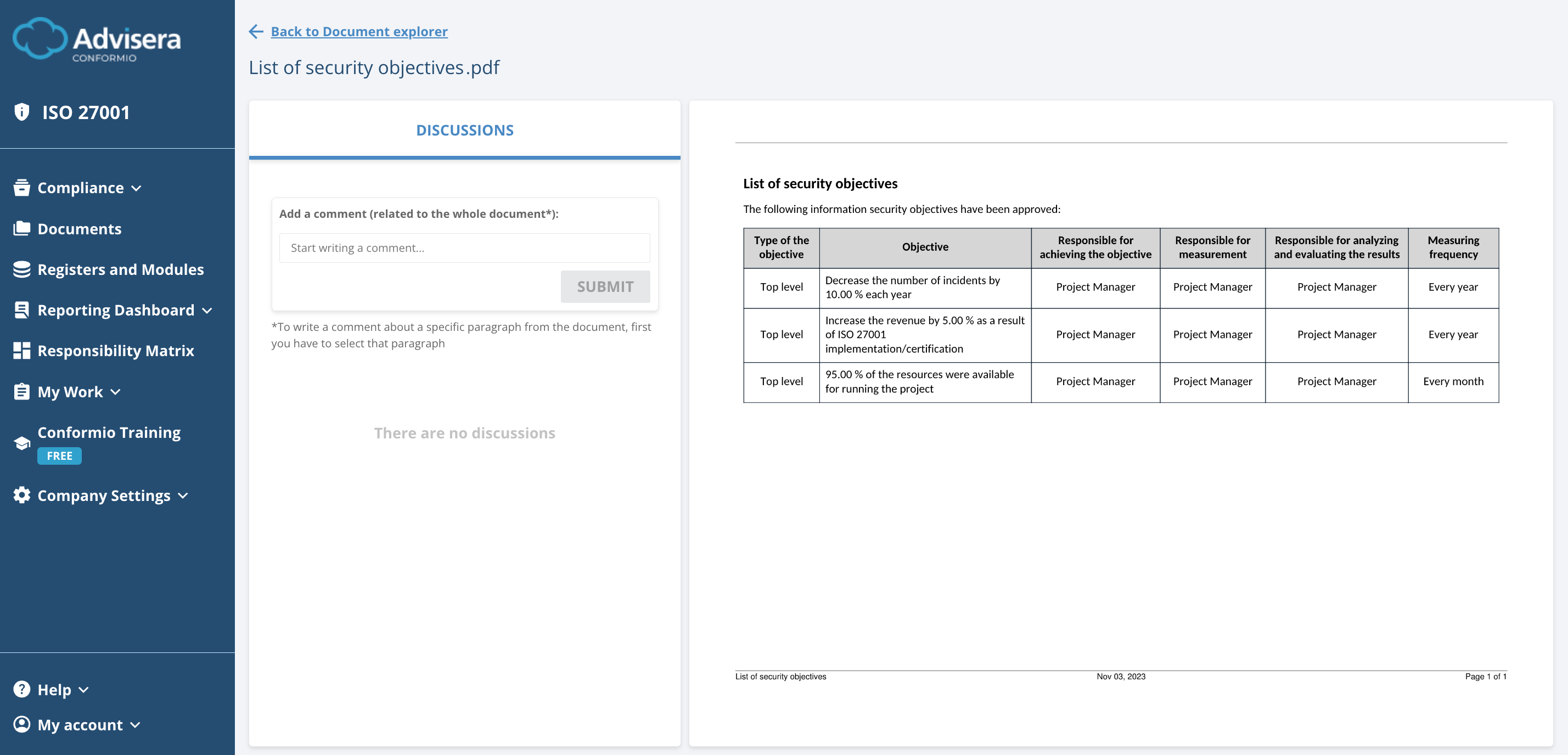 List of ISO 27001 documents in Conformio - Advisera Help Center