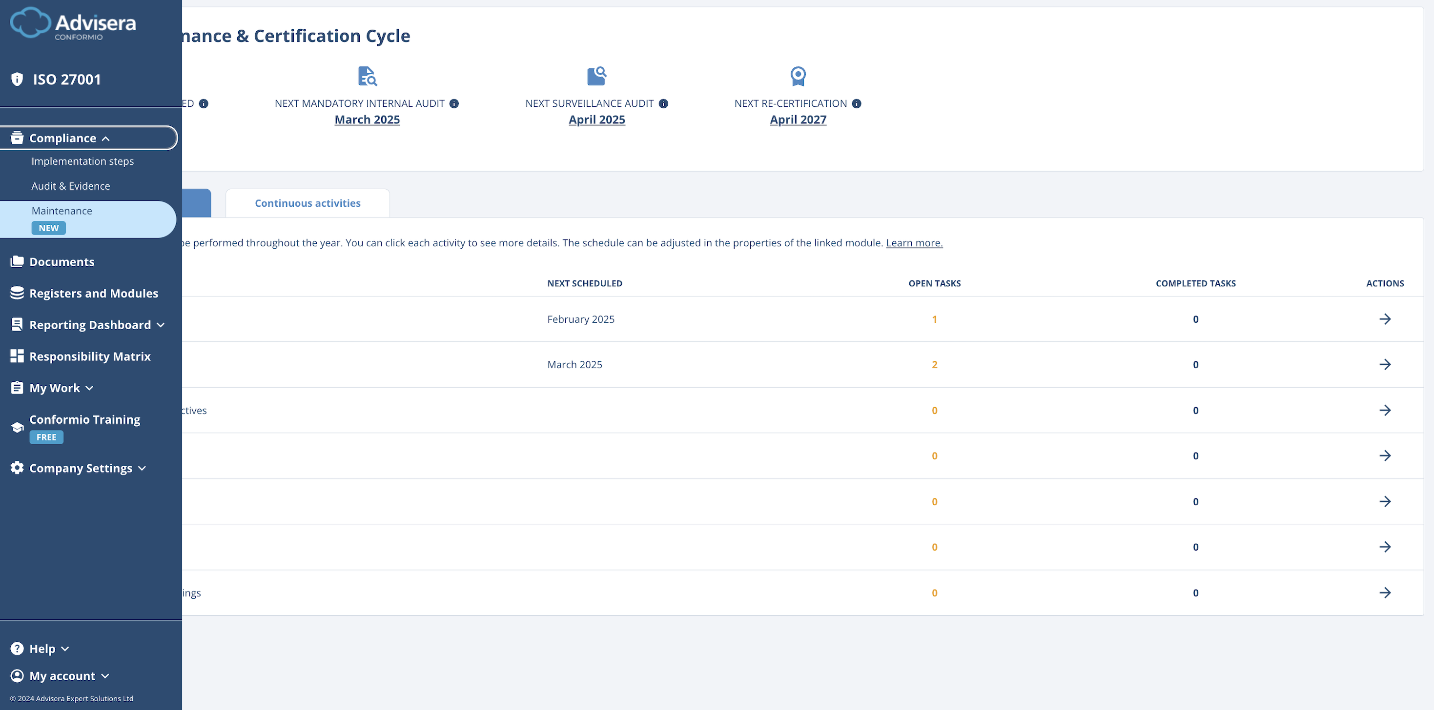 Maintenance Module - Advisera Help Center