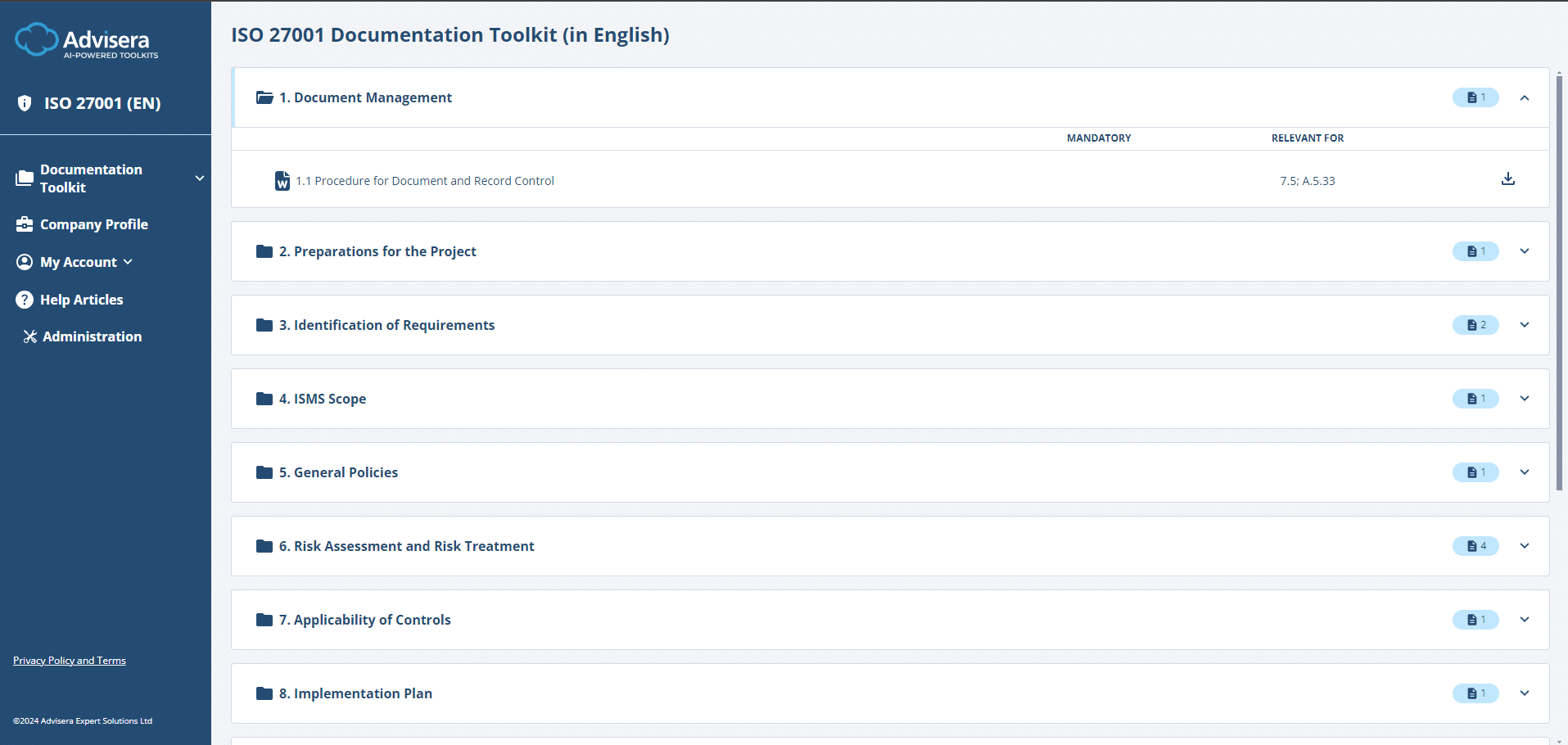 How to implement ISO 27001 using the AI-Powered Toolkit - Advisera Help Center