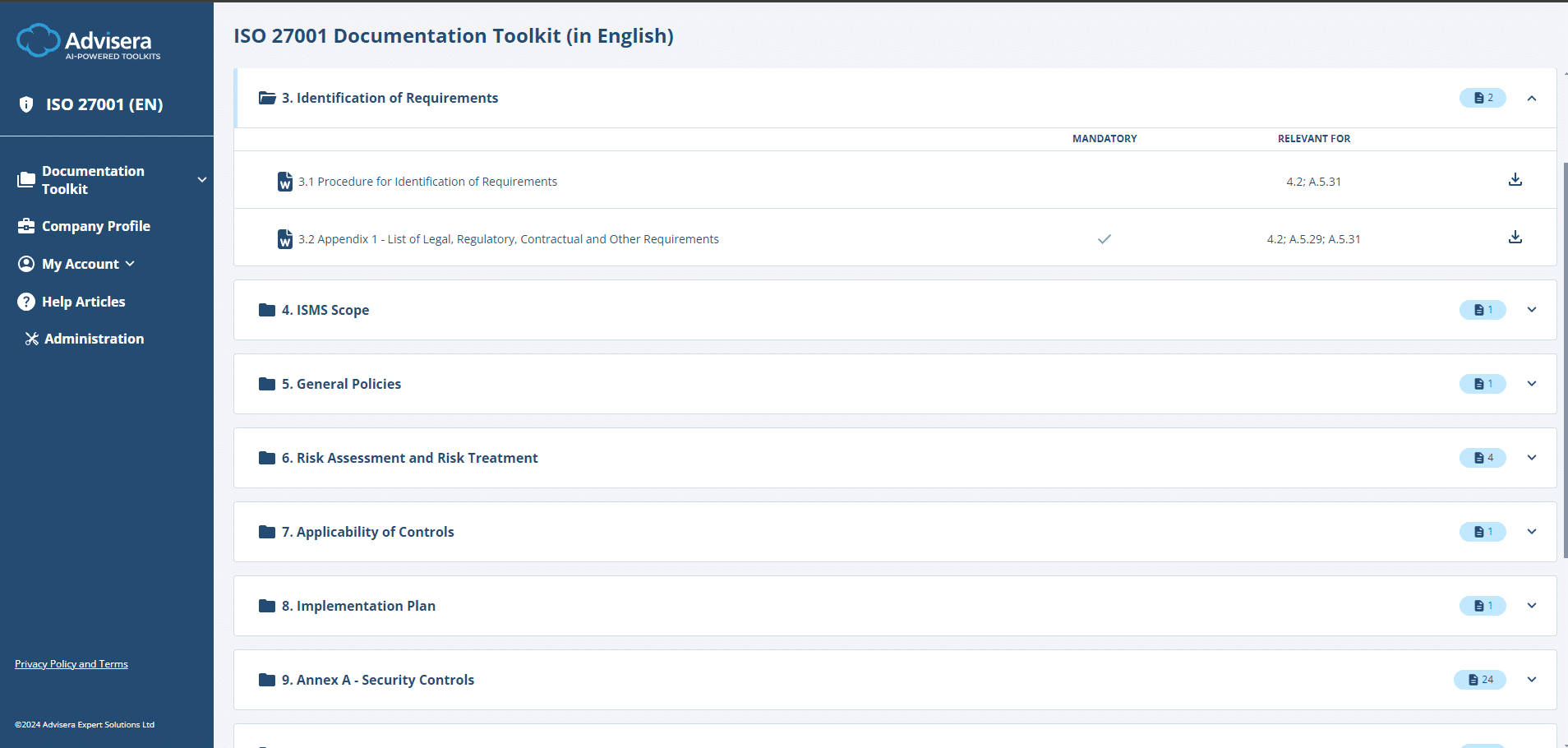 How to implement ISO 27001 using the AI-Powered Toolkit - Advisera Help Center