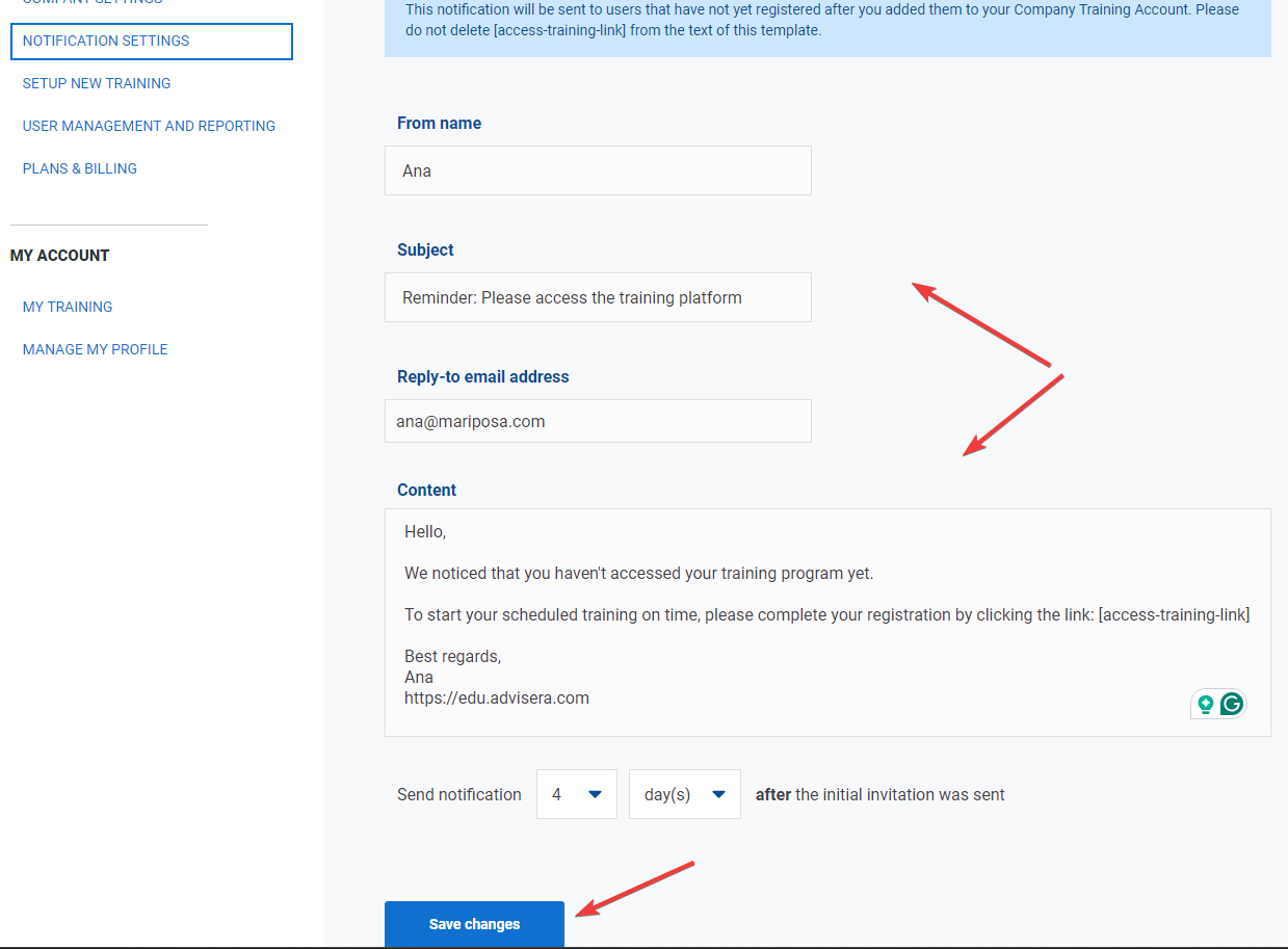 Notification settings - Advisera Help Center