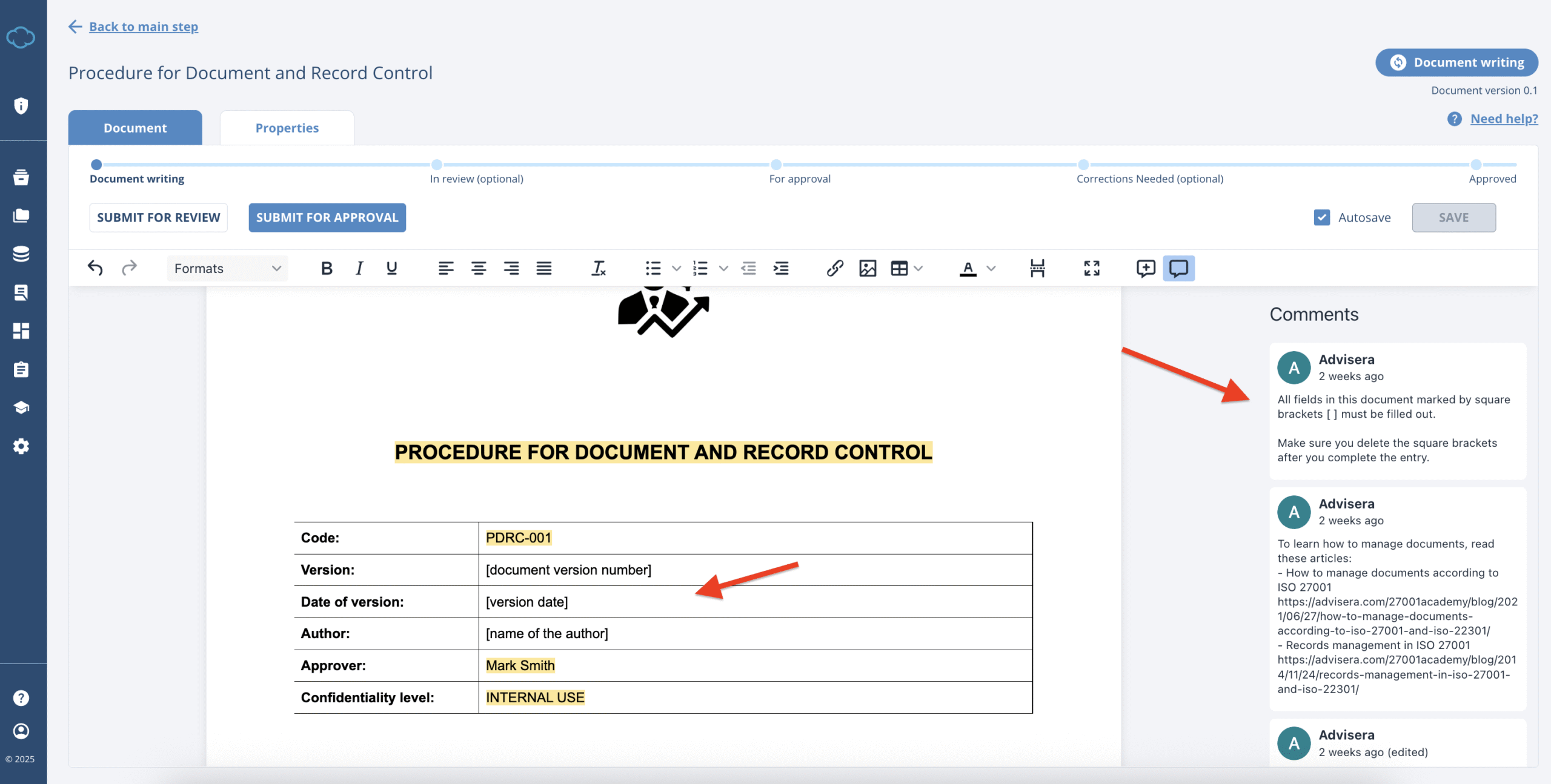 Working with Documents in Conformio - Advisera Help Center